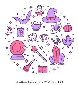 Magic Witch Halloween Round Design Vorlage Thin Line Icon Concept für Party Promotion, Marketing und Werbung. Vektorillustration
