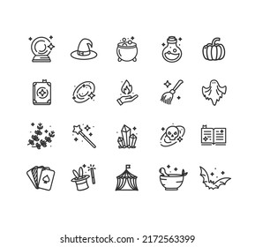 Magic Witch Halloween Signs Thin Line Icons Set Include of Pumpkin and Hat. Vector illustration of Icon