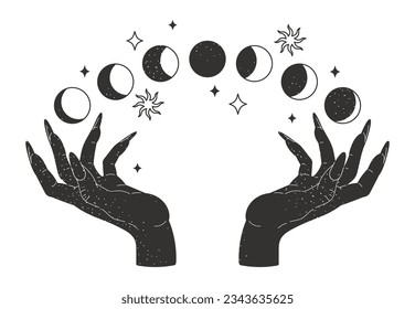 Magic witch hands. Esoteric design female hands with moon phases. Mystical magic space flat vector illustration