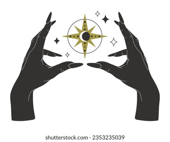 Manos mágicas de bruja. Palmeras esotéricas místicas con estrellas y luna. Ilustración esotérica de vectores planos de brujería dibujada a mano. Silhouette de manos místicas