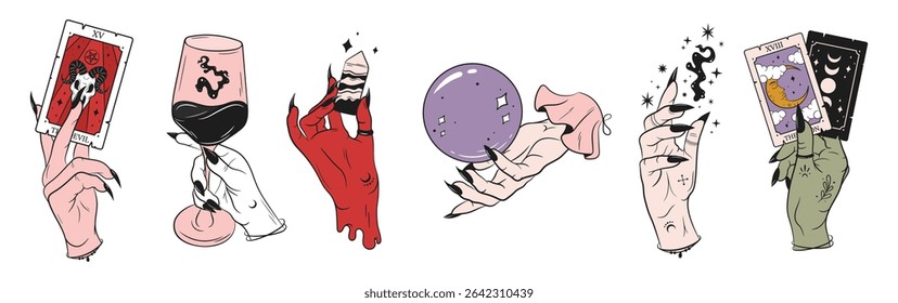Magic Witch hands set. Halloween collection of flat female hands with various gestures. Tarot, wizardry, esoteric elements. Isolated vector illustrations.