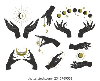 Magic witch hands set. Mystical female hand palms holding moon and stars, hand drawn trendy boho esoteric design. Flat vector illustration collection