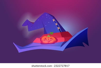 Magic witch hat. Blue creepy cap of old wizard and sorcerer with symbol of Pumpkinhead Jack. Headpiece for Halloween fantasy costume. Cartoon flat vector illustration isolated on dark background