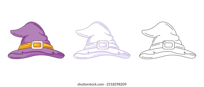 Magic witch hat, colorful and line icons set. Traditional halloween symbol, headdress. Vector flat icon, monochrome purple, color, outline illustration. For logo, sticker, coloring book, label
