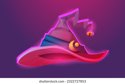 Magic witch hat. Fantasy mythical cap with bell and crescent symbol for sorcerer or wizard. Purple Halloween themed costume headpiece. Cartoon flat vector illustration isolated on dark background