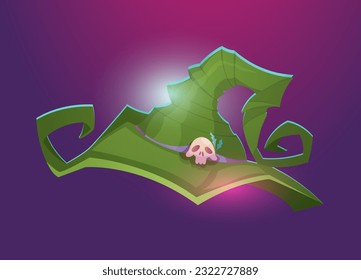 Magic witch hat. Green spooky fantasy cap with skull symbol. Mystical gloomy headdress for wizard or sorcerer costume for Halloween party. Cartoon flat vector illustration isolated on dark background