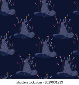 Magic witch hat seamless pattern. Halloween. A wizard's magical headdress. For wrapping paper. Ideal for wallpaper, surface textures, textiles.