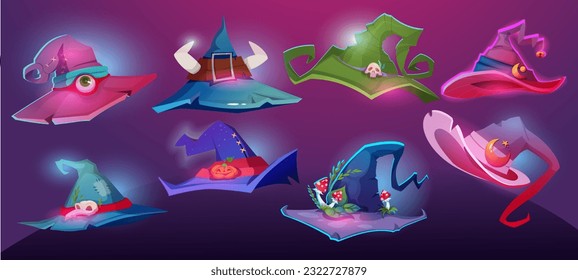 Magic witch hat set. Fantasy caps of wizard or sorcerer with fly agaric and skulls, crescents and eyes. Mystical hats for Halloween costume. Cartoon flat vector collection isolated on dark background