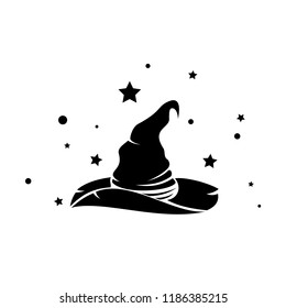 magic witch hat surrounded by stars vector, helloween symbol, evil costume, wand logo, magical clothing 