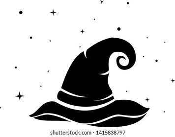 magic witch hat surrounded by stars vector, helloween symbol, evil costume, wand logo, magical cloting, wizard logo