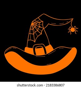 Magic witch hat. Wizardry. Hat with cobweb and spider Halloween holiday. Vector illustration. Hand drawing in doodle style