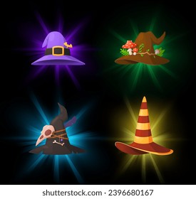 Magic witch hats, set of vector illustrations isolated on dark background. Collection of wizard caps for game design.