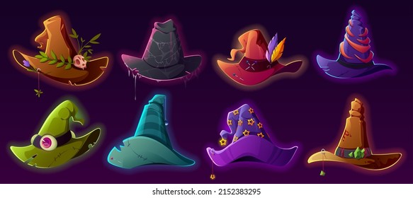 Magic witch hats, wizard caps for Halloween costume. Vector cartoon set of fantasy old magician or sorceress hats with skull, eye, belt, feathers and gold stars