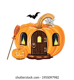 The magic witch house is made in a pumpkin. Happy halloween celebration. Fairy house vector illustration isolated on white background for decorating flyer, poster or social network page
