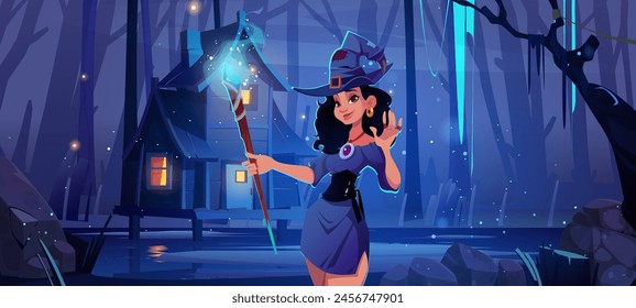 Magic witch and house at night Halloween landscape. Spooky forest with cute woman character in costume. Fantasy magician game background. Illustration with wizard hut and wicked young girl in dress