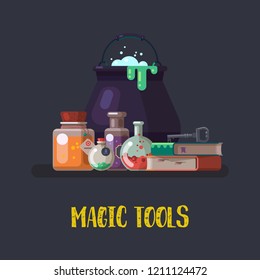 Magic or witch items for halloween, cauldron with boiling brew or pot with elixir, wizard key and sorcery books, glassware bulb or flask for alchemy and magical spellbooks. Scary holiday theme