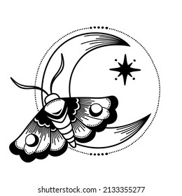 Magic and witch moon with moth, boho magical tattoo sketch