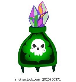 Magic witch potion. Black magic substance in a bottle. Vector halloween clipart bottle with spirit isolated on white. Poison witch potion with skull. Illustration isolated on white background
