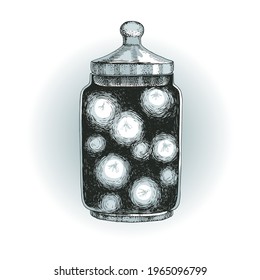 Magic witch potion with fireflies at night