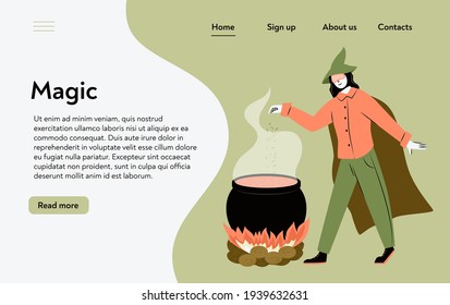 Magic Witch preparing potion vector flat cartoon landing page template. Woman in robe and pointed hat cooking poisonous liquid in cauldron at Halloween night.