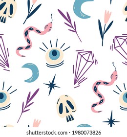 Dibujo impecable de bruja mágica. Calaveras, serpientes, ojos, cristales y hojas. Objetos místicos y misteriosos. Símbolo de brujería para Halloween. Textura decorativa para tela, papel pintado. Vector 
