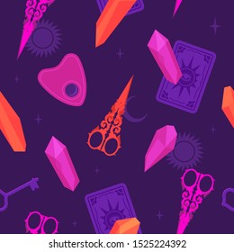 Magic Witch Seamless Pattern. Scissors, Crystals, Tarot Cards, Sun And Moon, Ouija Arrow. Halloween Holiday. Flat Vector Illustration.