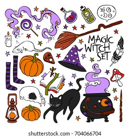 Magic witch set. Black cat, witch hat, halloween pumpkin, potion, skull, book, stars. Isolated vector objects on white background.