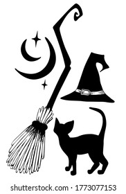 Magic witch set. Moon, black cat, witch hat and 
witch's broom. Hand drawn stock vector illustration. Retro style ink sketch.