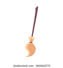 Magic witch sweeping broom or broomstick cartoon icon, flat vector illustration isolated on white background. Halloween holiday traditional symbol or sign.