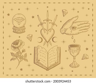 magic witch symbols: spell book, magic potion,Magic ball, hand, rose, sword,heart , occult witchcraft