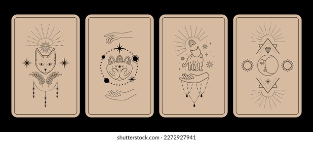 Magic witch tarot cards. Black cat, celestial symbols, hands. Mustycal esoteric symbols. Halloween.