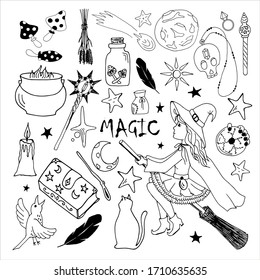 Magic, witch, witchcraft, Halloween. A set of hand-drawn elements with a liner. Vector black and white illustration.