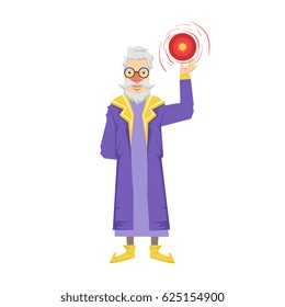 Magic witch wizard with crystal ball. Colorful fairy tale character Illustration