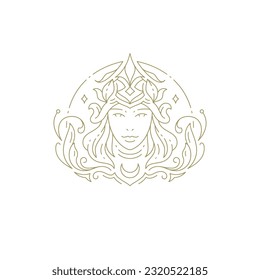 Magic witch woman goddess portrait abstract curved decor element minimal line beauty logo vector illustration. Mystic female face sacred glamour silhouette icon wellness cosmetology makeup skin care