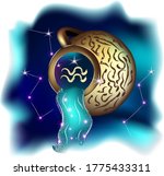 Magic witchcraft card with astrology Aquarius zodiac sign. Realistic hand drawing water jug illustration. Zodiac characteristic	