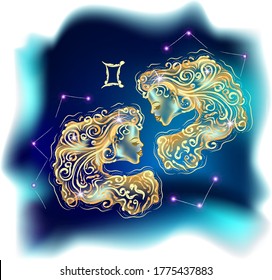 Magic witchcraft card with astrology Gemini zodiac sign. Realistic hand drawing twins illustration. Zodiac characteristic. Twins