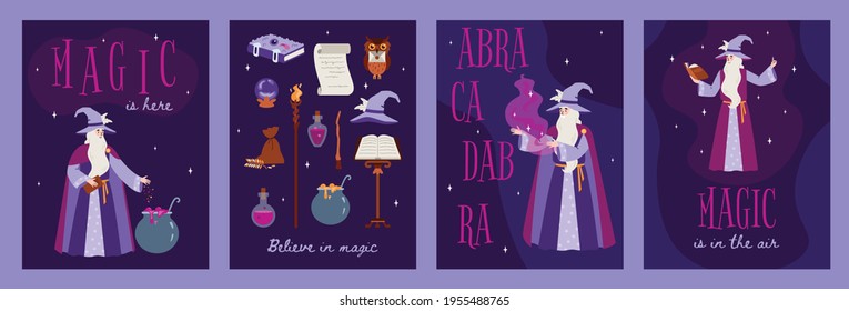 Magic and witchcraft cards with wizard and magic items flat vector illustration.