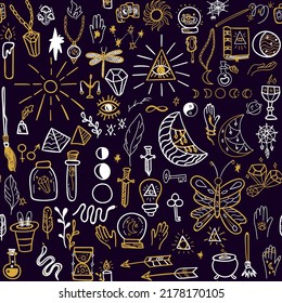 Patrón sin inconvenientes de garrapatas mágicas. Ilustración vectorial del fondo de la bruja del misterio de moda.