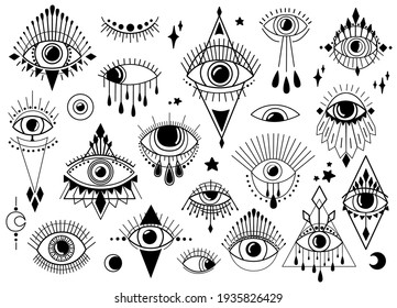 Magic witchcraft eye symbol. Evil eye. Magical esoteric  collection, religion sacred geometry symbols vector illustration icons set on white background. Eye of Providence.