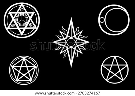Magic, witchcraft, fortune telling, black magic, spells, astrology, symbols
Set of magical symbols on a black background