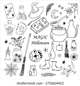 Magic, witchcraft, Halloween. A set of hand-drawn elements with a liner. Vector black and white illustration.