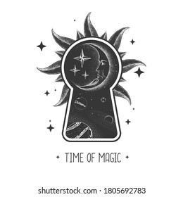 Magic witchcraft keyhole silhouette with crescent moon on outer space background. Vector illustration