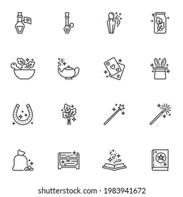 Magic and witchcraft line icons set, outline vector symbol collection, linear style pictogram pack. Signs, logo illustration. Set includes icons as magic trick, fairytale book, elixir potion, treasure