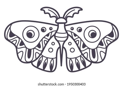 Magic and witchcraft, moth symbol of occult powers and strength. Isolated icon of insect with ornaments on wings. Sacred geometry and wiccan details. Colorless line art, vector in flat style
