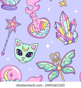 Magic, witchcraft, mystical, astrological, esoteric objects, icons, elements and symbols seamless pattern. Cartoon style vector illustrations.