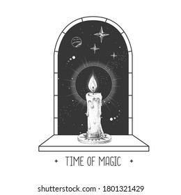 Magic witchcraft open window silhouette with burning candle on outer space background. Vector illustration