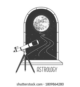 Magic witchcraft open window silhouette with full moon and telescope on outer space background. Vector illustration