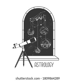 Magic witchcraft open window silhouette with full moon and telescope on outer space background. Vector illustration