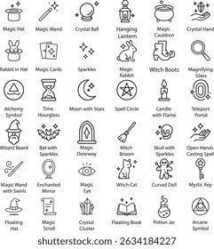 Ícones de Contorno de Magia e Bruxaria, Ilustração de Vetor.