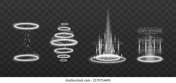 Magic witchcraft portal with white flame mockups collection. Circle luminous glowing swirling effect, 3d realistic vector illustration isolated on transparent background.